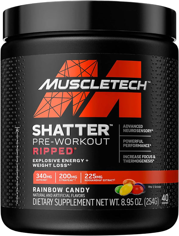 MuscleTech Shatter Pre-Workout Energy Powder Drink Rainbow Fruit Candy (20-40 Servings)