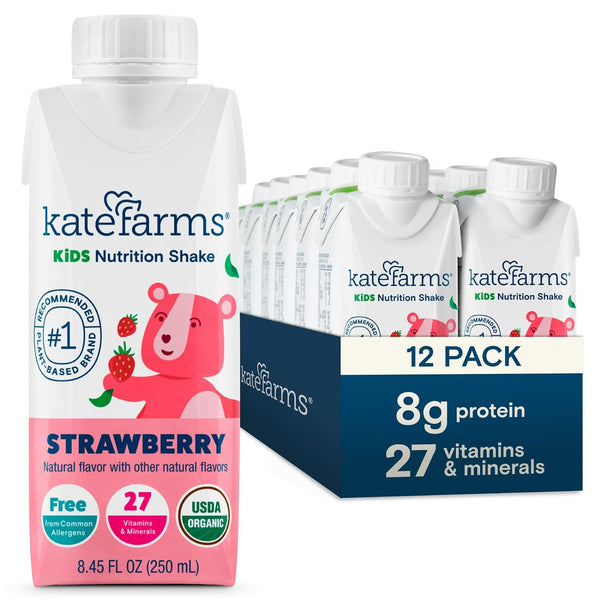 KATE FARMS Organic Vegan Kids Nutrition Shake, Strawberry, 12g protein, 8.45oz (6-12Pack)