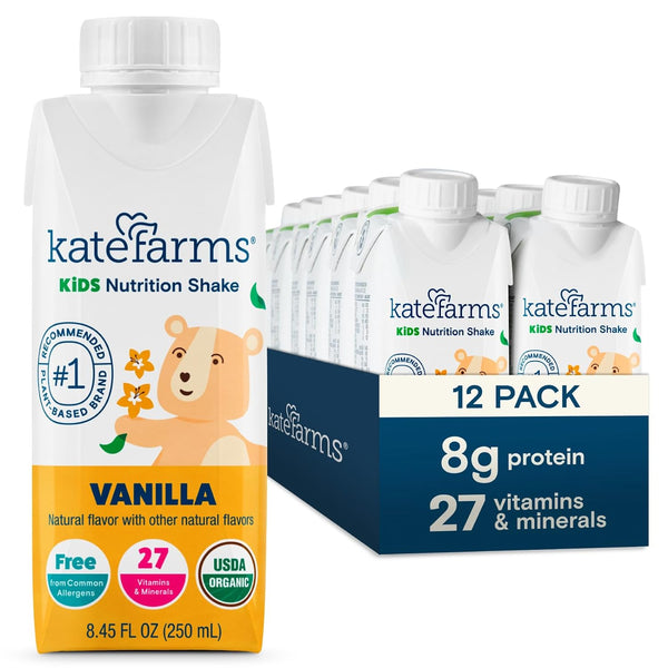 KATE FARMS Organic Kids Nutrition Shake, Vanilla, 8g protein, 8.45oz (6-12Pack)